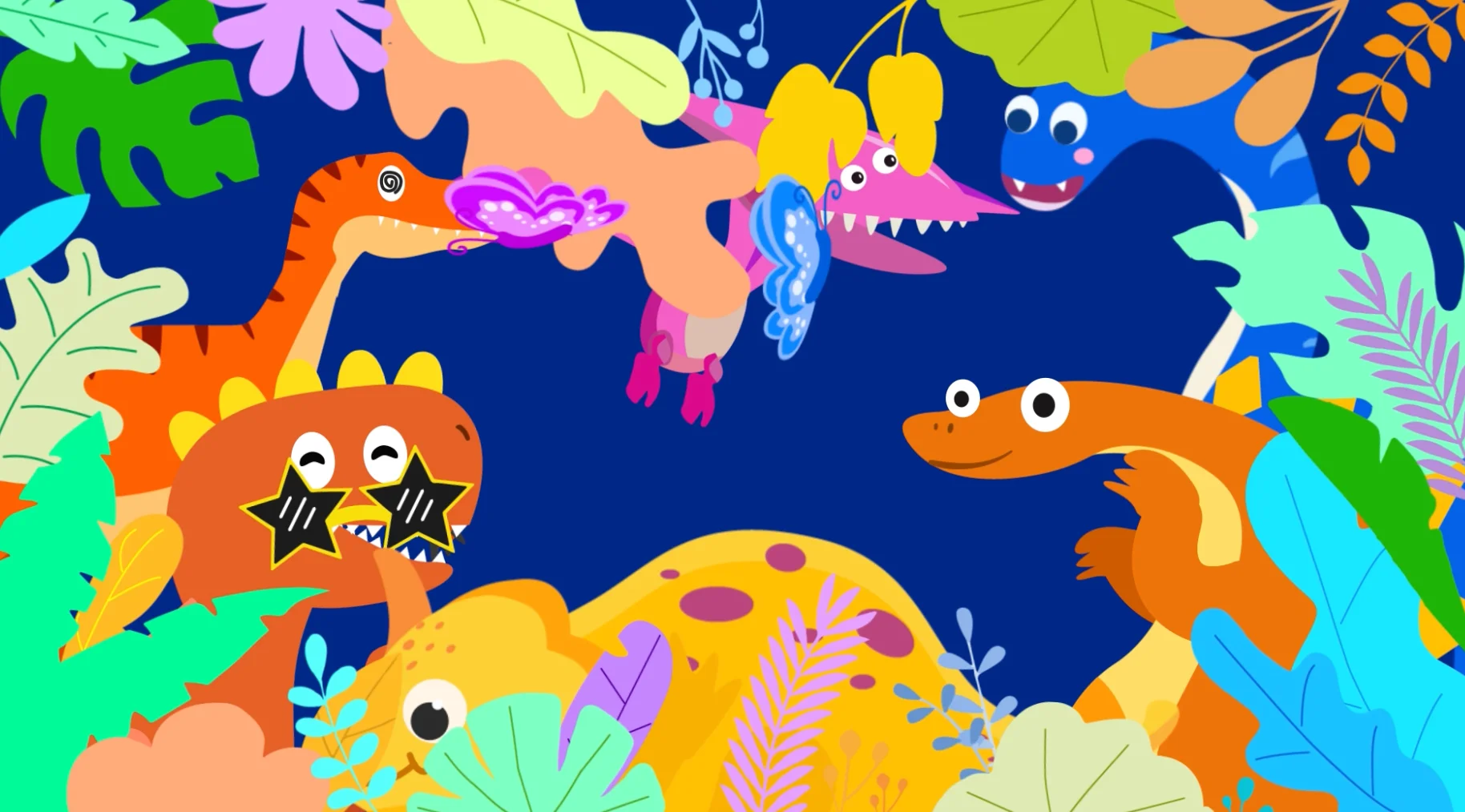 Colorful cartoon dinosaurs group illustration