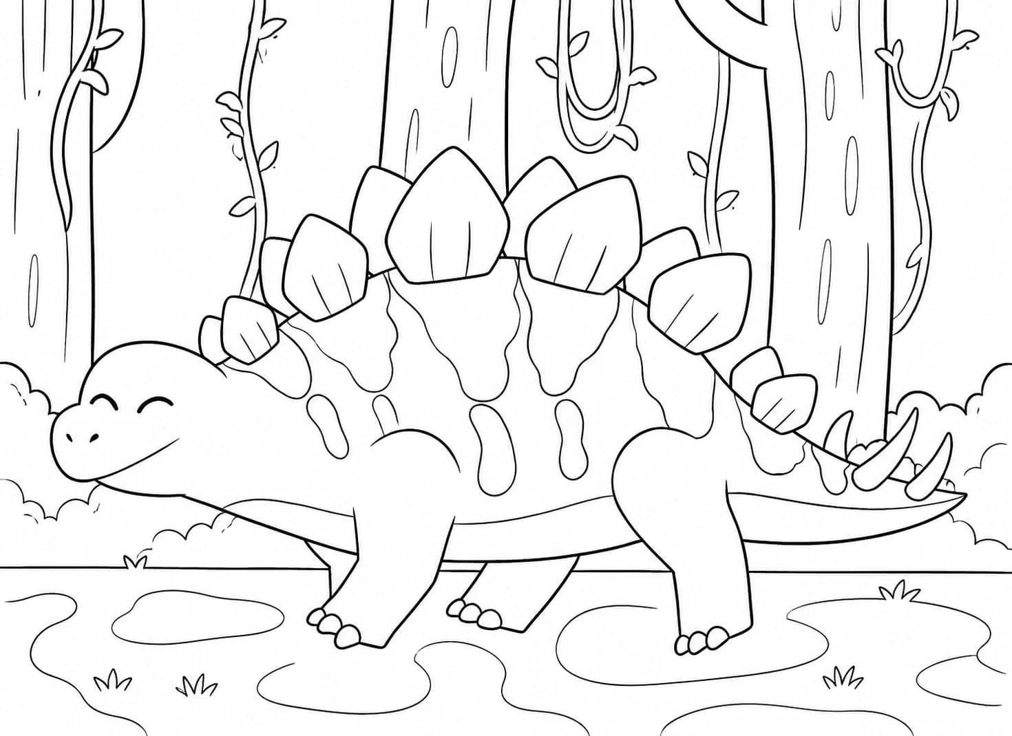 Stegosaurus coloring page — plated dinosaur in a prehistoric scene