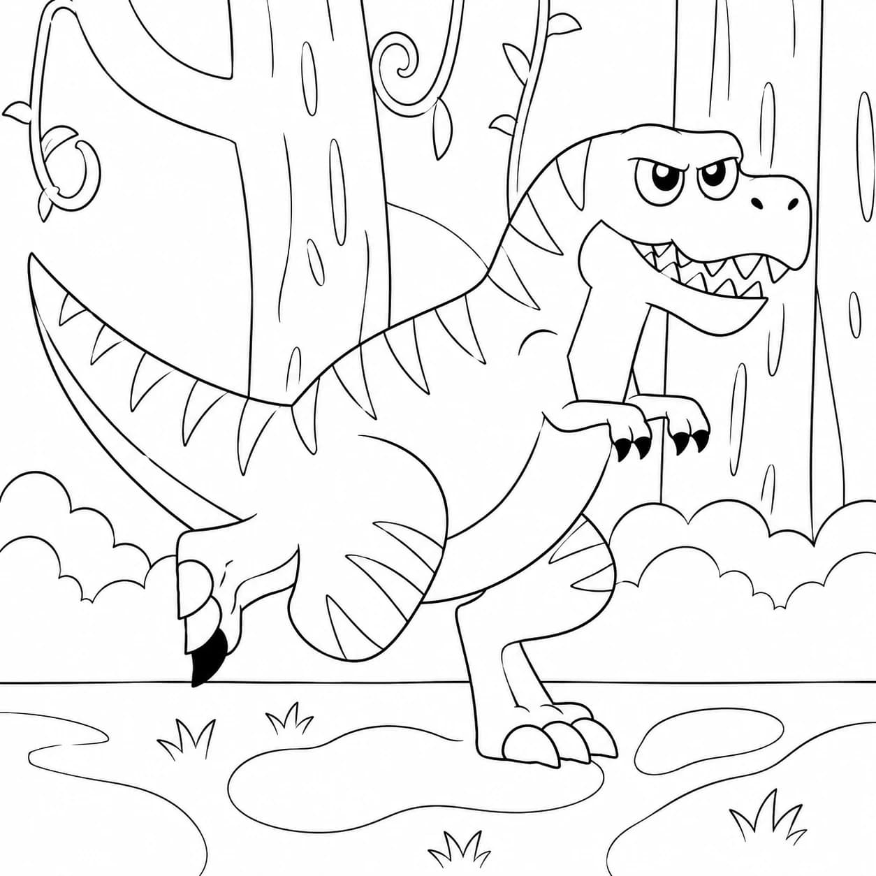 T-Rex coloring page — fierce cartoon dinosaur in a jungle