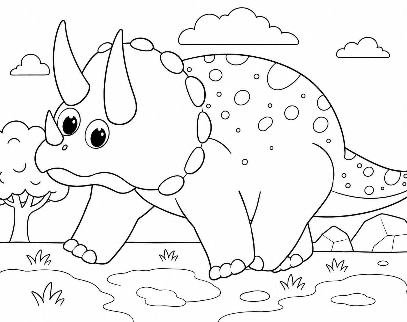 Triceratops coloring page — three-horned dinosaur ready to colour