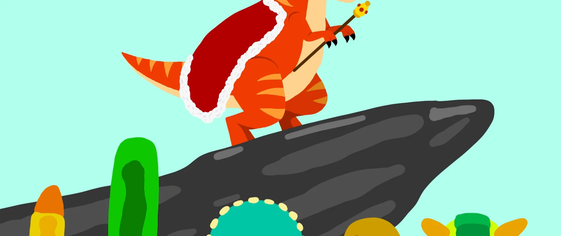 Cartoon dinosaur king standing on a rock — types of dinosaurs for kids