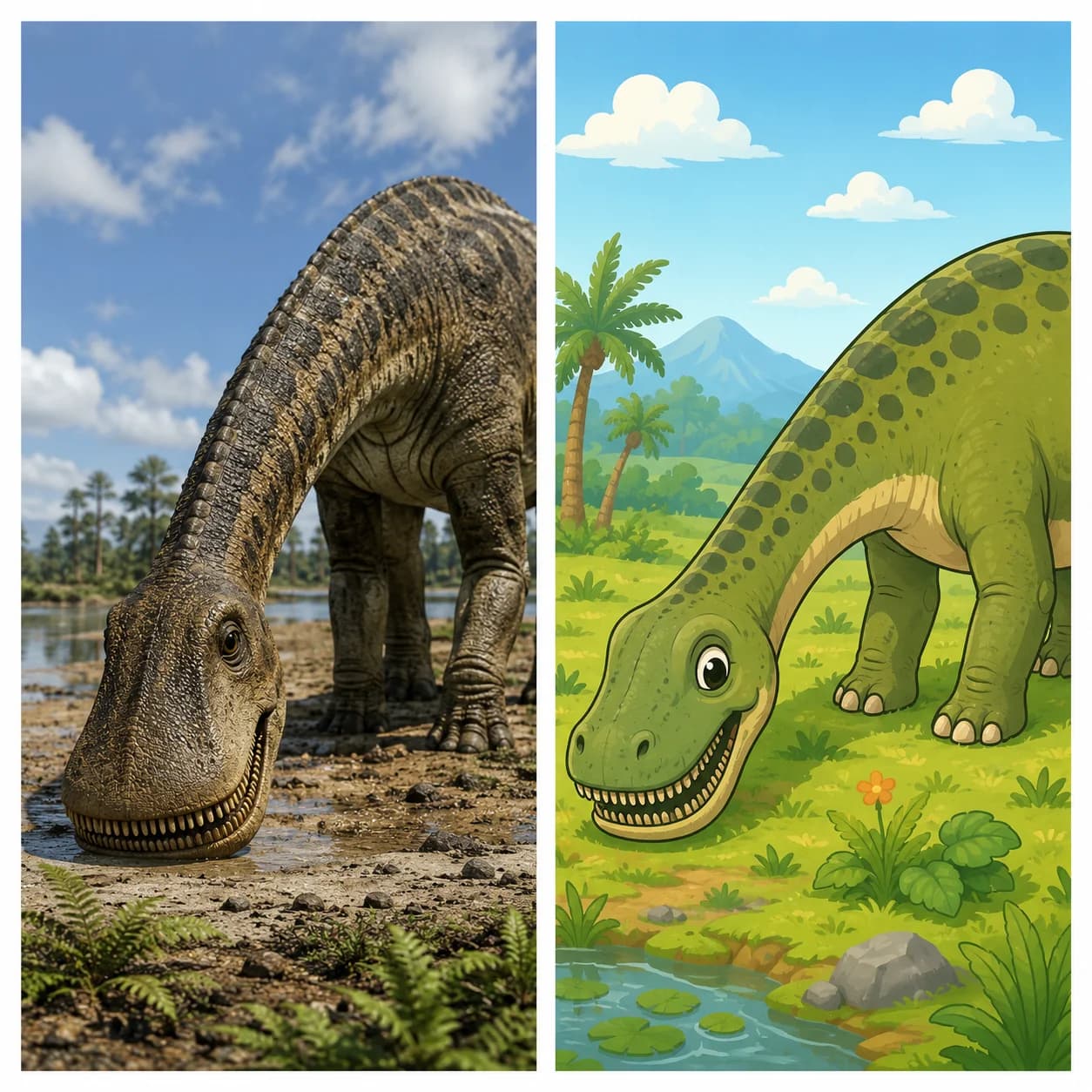 Nigersaurus — the dinosaur with around 500 teeth — shown in realistic and cartoon styles side by side
