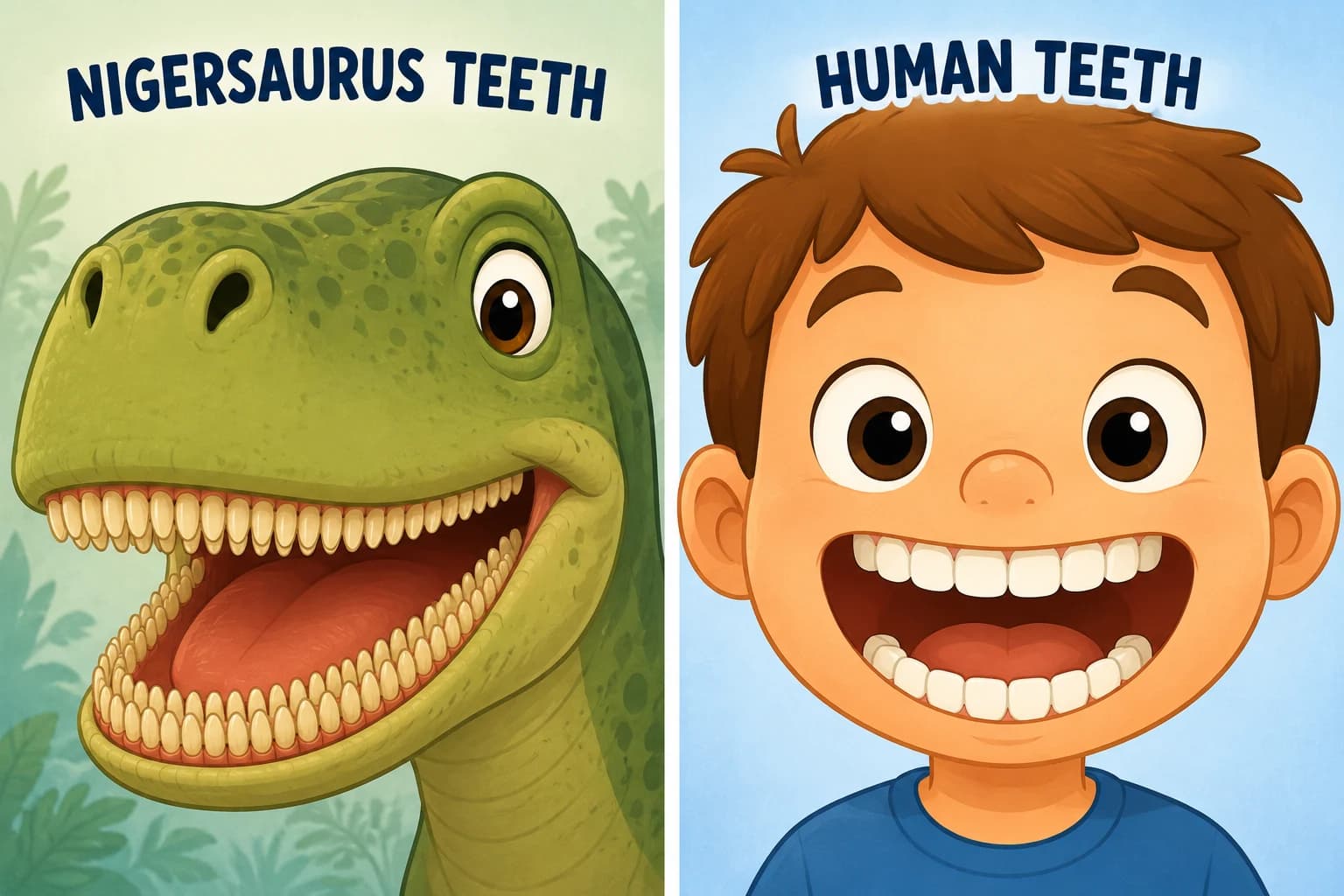 Side-by-side cartoon comparison: Nigersaurus teeth (hundreds of rows) on the left versus a smiling child's human teeth on the right