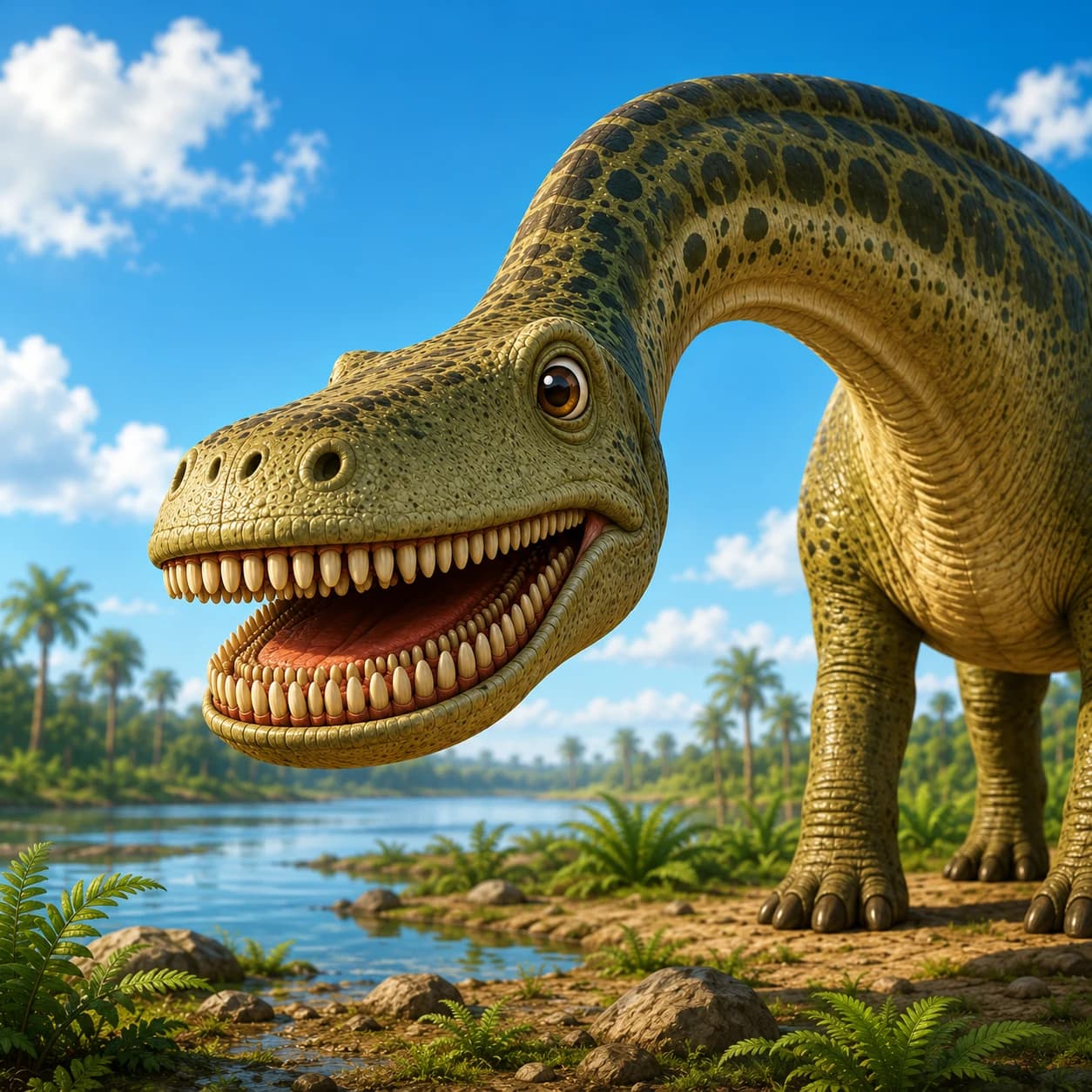 Nigersaurus close-up showing its wide smile full of hundreds of tiny teeth, standing in a prehistoric tropical landscape
