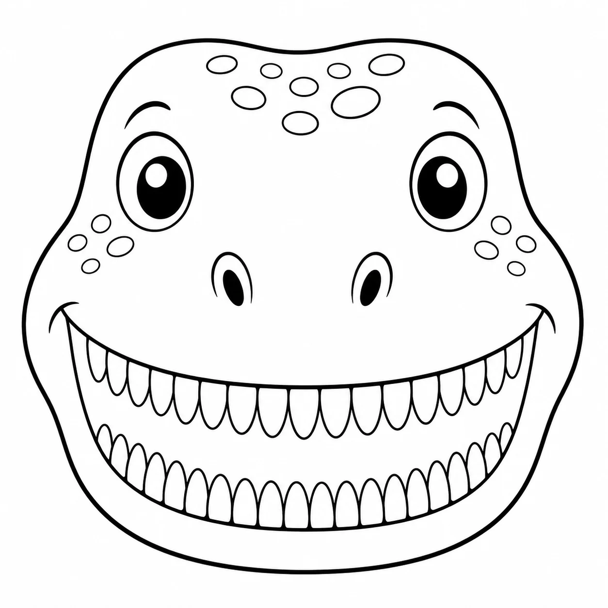 Nigersaurus face coloring page — smiling cartoon dinosaur face showing lots of teeth