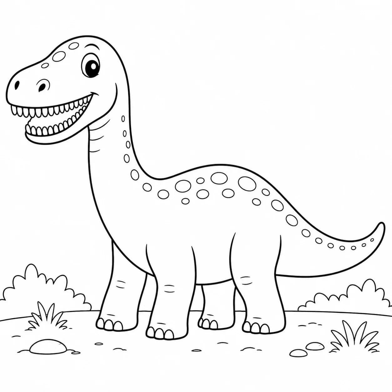 Nigersaurus full body coloring page — friendly long-necked dinosaur standing in a prehistoric field