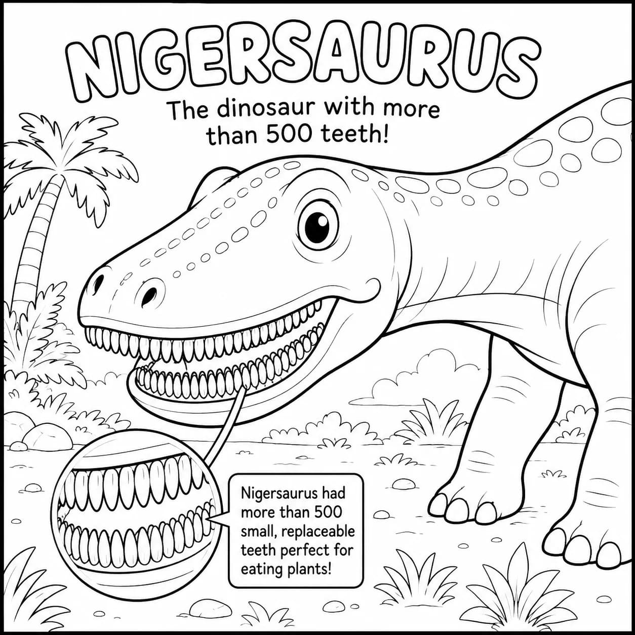 Nigersaurus educational coloring page with 500 teeth fact — cartoon dinosaur with a tooth zoom-in callout